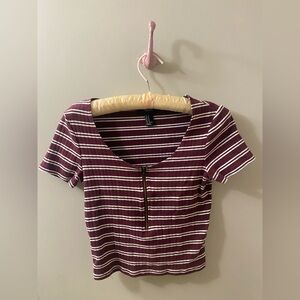 Striped Scoop Neck Zip-Front Crop Top